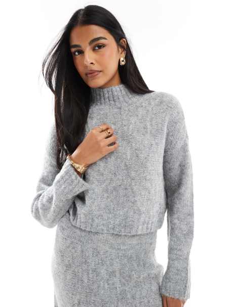 Vero Moda - Aware - Maglione grigio chiaro mélange con collo alto in maglia spessa in coordinato - view 1