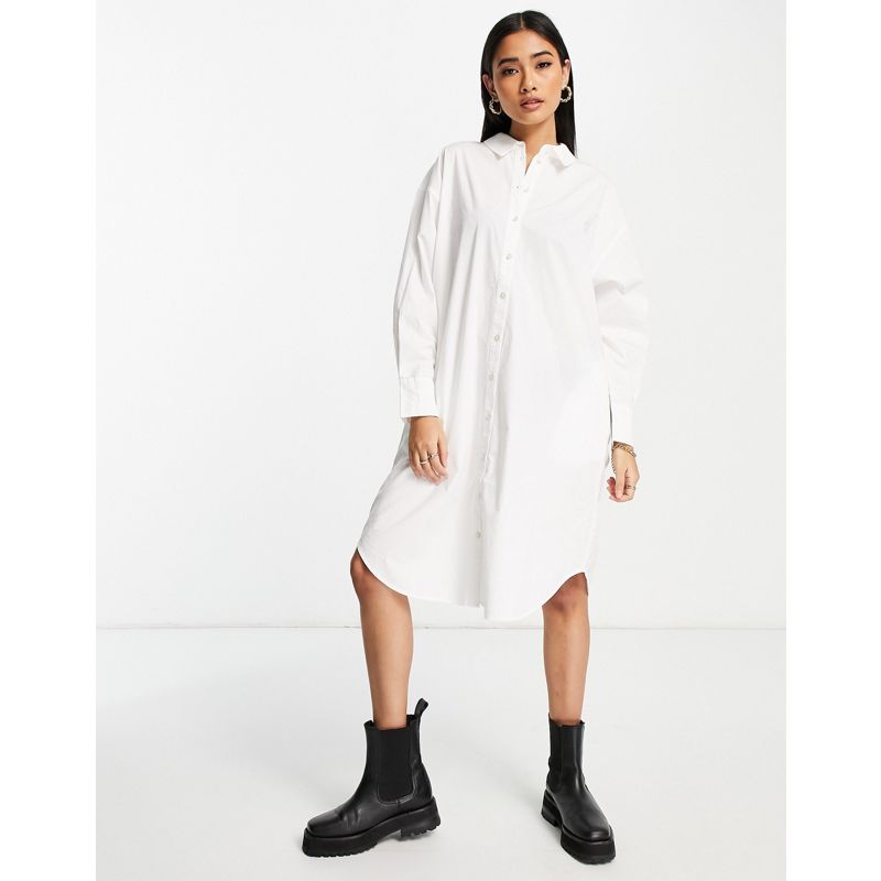 Vero Moda – Aware – Midi-Hemdkleid aus Bio-Baumwolle in Weiß mit breiten Manschetten