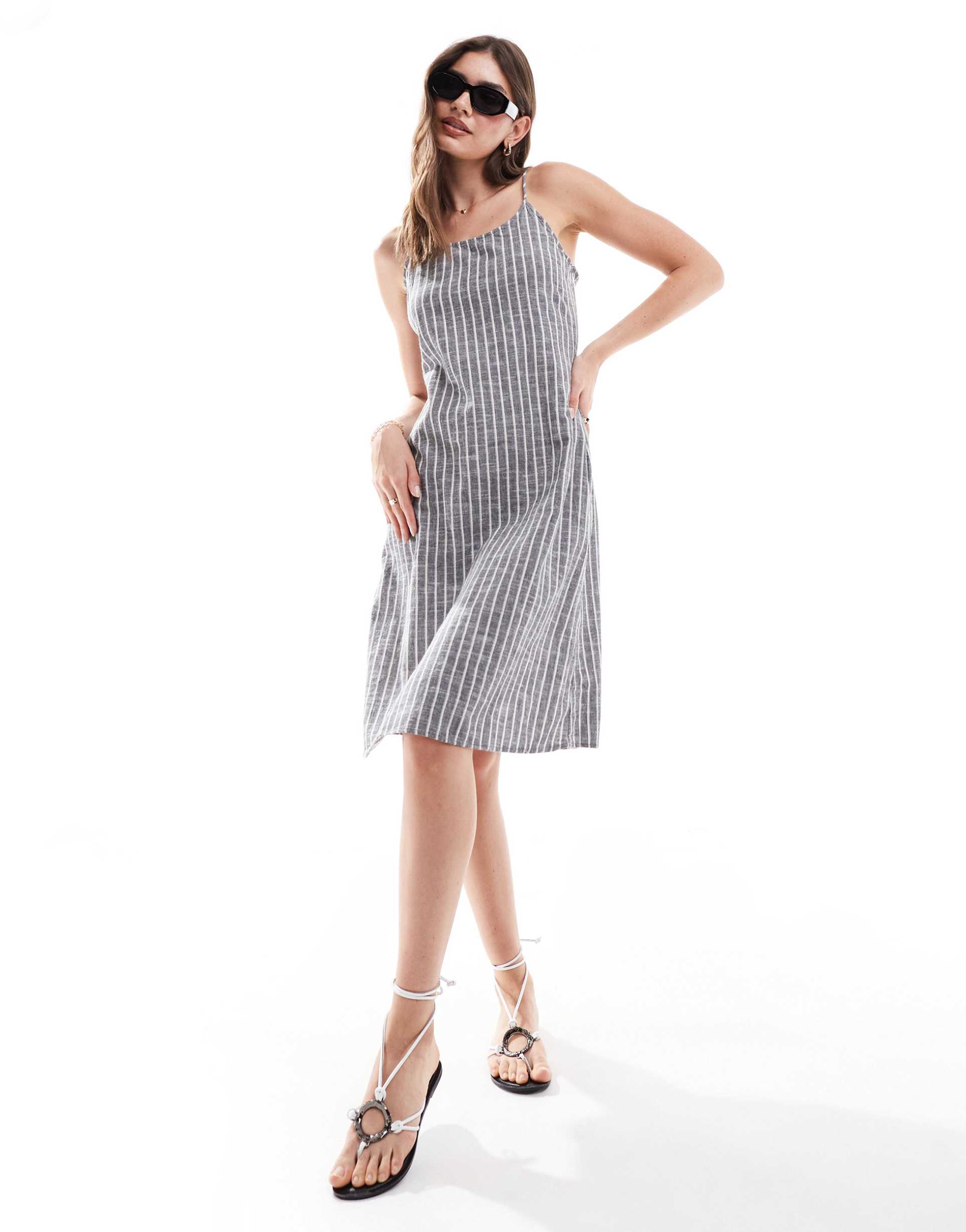 vero moda aware mini dress with tie back in cream stripe