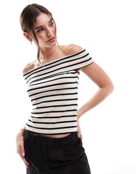 Vero Moda Aware off shoulder jersey top in black and cream stripe - view 1