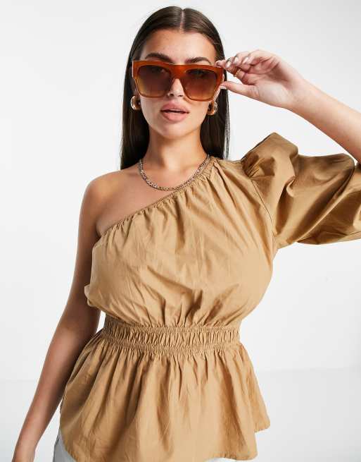 Vero Moda Aware organic cotton poplin one shoulder top in camel ASOS