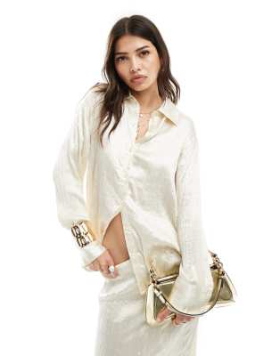 Aware oversized satin plisse shirt in cream - part of a set-White