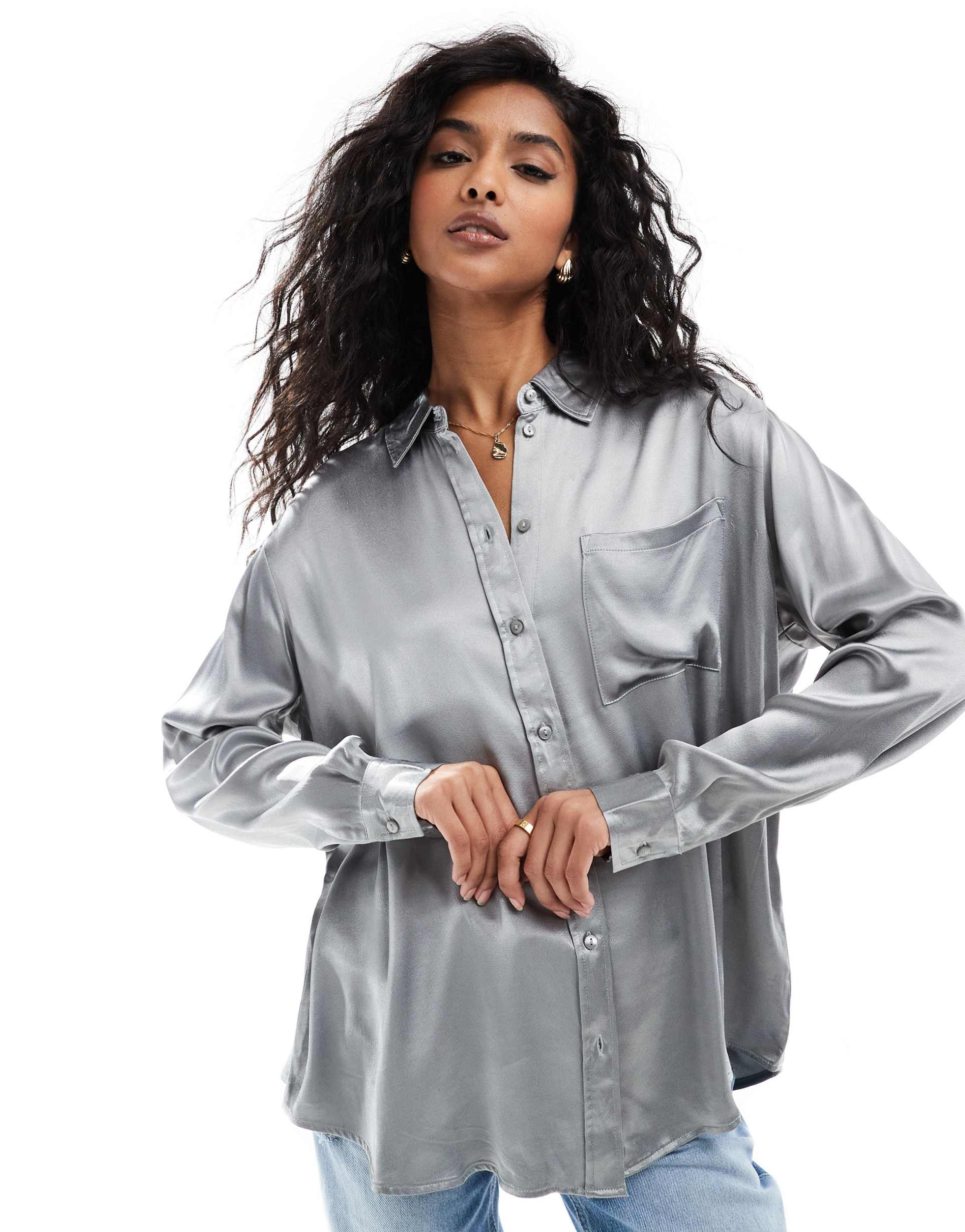 vero moda aware oversized satin shirt in light gray