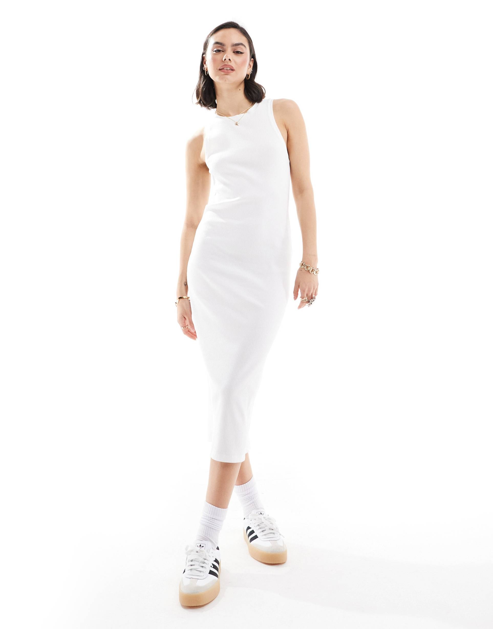 vero moda aware ribbed racer neck midi dress in white