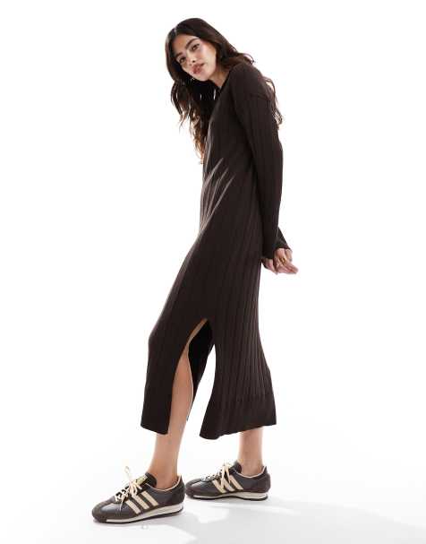VERO MODA - Aware - Robe mi-longue à col V en maille - Marron chocolat - view 1
