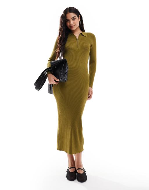 Vero Moda - Aware - Robe mi-longue en maille côtelée avec fermeture éclair à l'avant - Vert olive