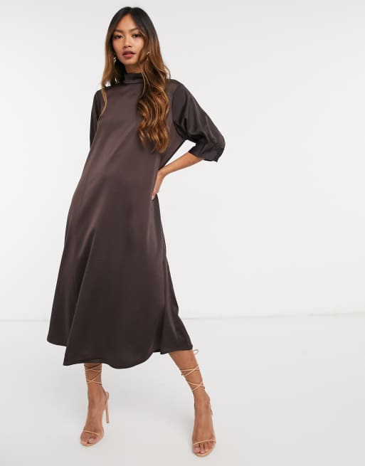 Vero Moda Aware Satin Midi Dress With High Neck In Chocolate Asos 
