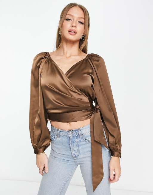 Vero Moda Aware satin wrap top in brown | ASOS