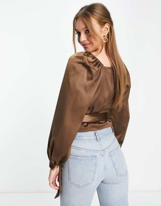 Buy Brown Satin Solid V Neck Frilled Wrap Around Top With Pant For