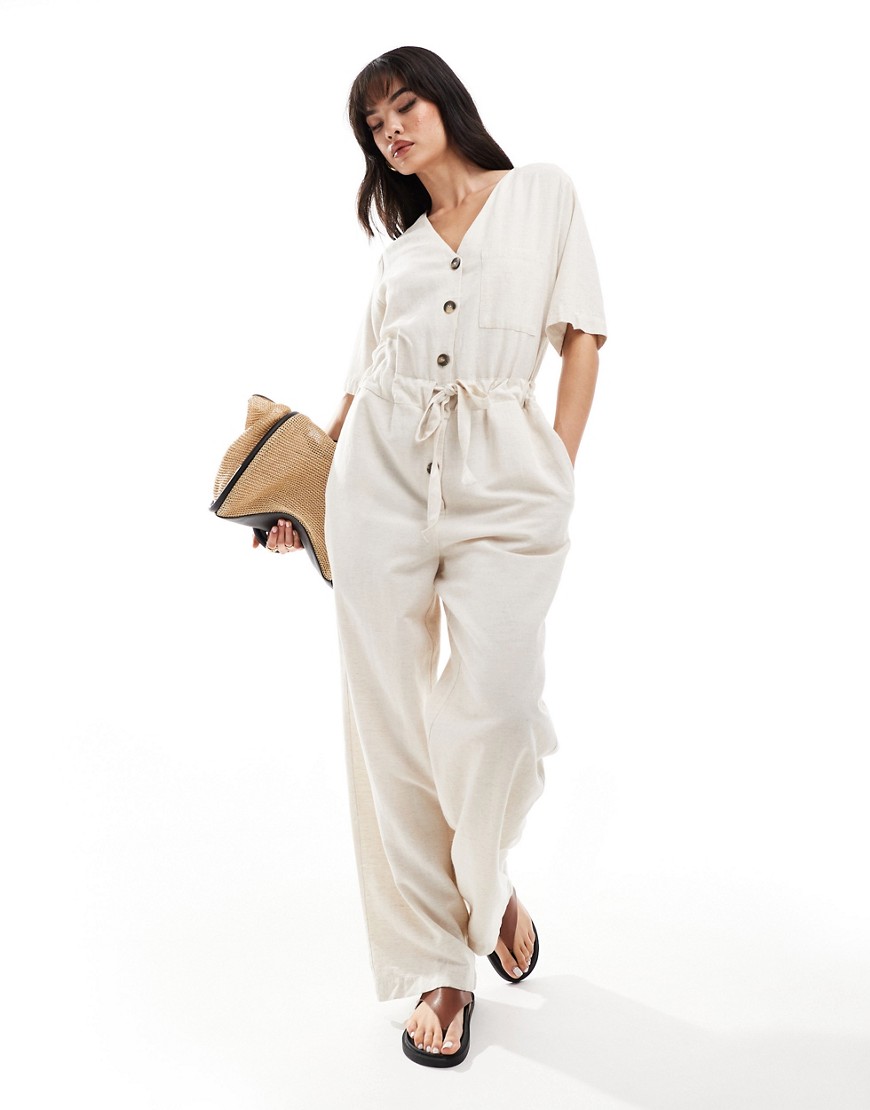 Vero Moda Aware short sleeved jumpsuit with tie waist in cream-White