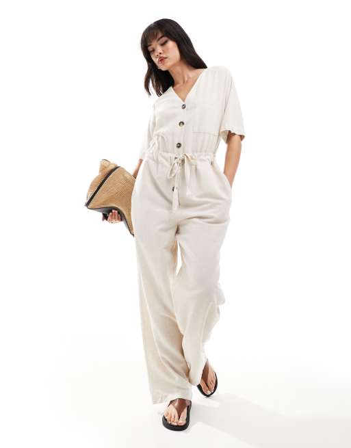 Vero Moda Aware short sleeved jumpsuit with tie waist in cream