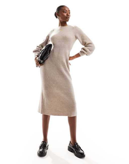 Vero Moda Aware sleeve detail knitted jumper midi dress in camel, 2 of 4