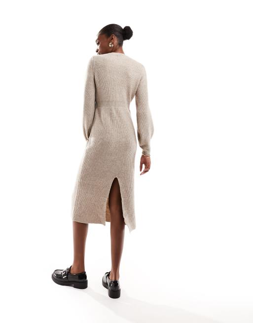 Vero Moda Aware sleeve detail knitted jumper midi dress in camel, 4 of 4