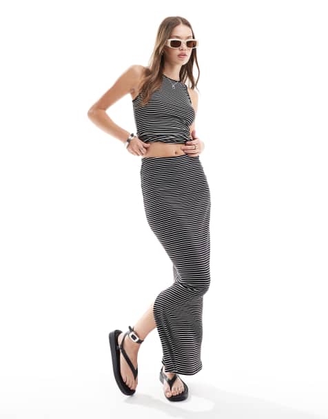 Vero Moda – Aware – Svart, randigt set med linne och maxikjol i jersey - view 1