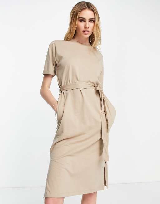 Vero Moda Aware t-shirt dress with tie waist in beige | ASOS