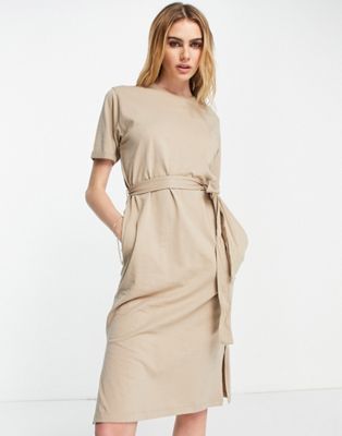 Vero Moda Aware t-shirt dress with tie waist in beige - ASOS Price Checker