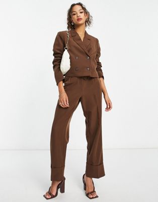 Vero Moda Aware Tailored Cropped Suit Blazer With Open Back In Brown