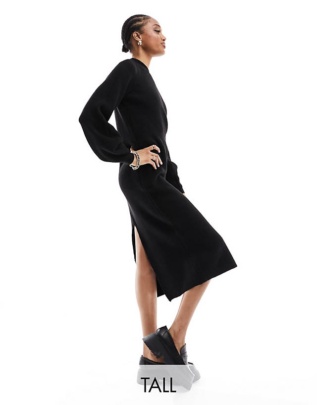 Vero Moda Tall - Vero Moda Aware Tall sleeve detail knitted jumper midi dress in black