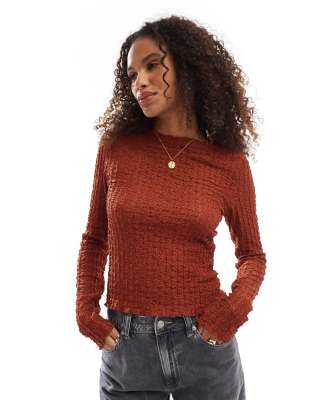 VERO MODA AWARE textured long sleeve top in rust brown