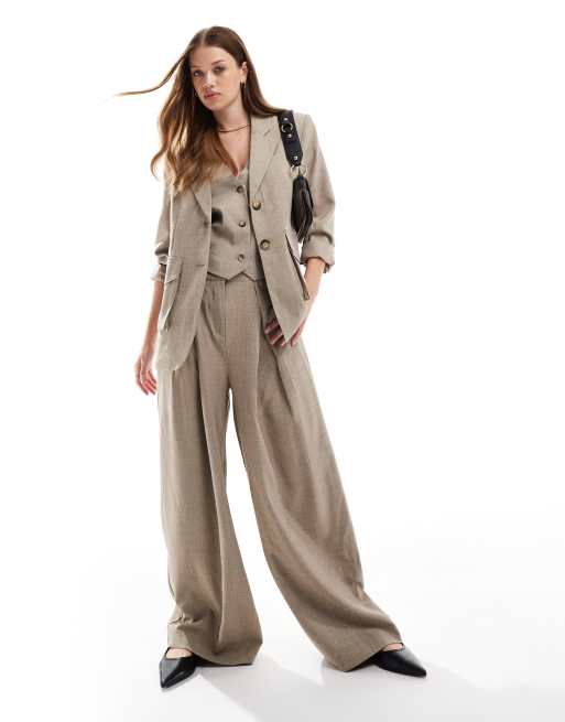 Vero Moda Aware textured pleated wide leg pants in taupe grey melange (part of a set)