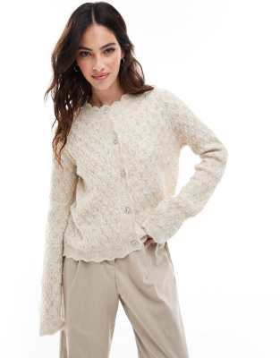 Aware textured scalloped cardigan in cream-White