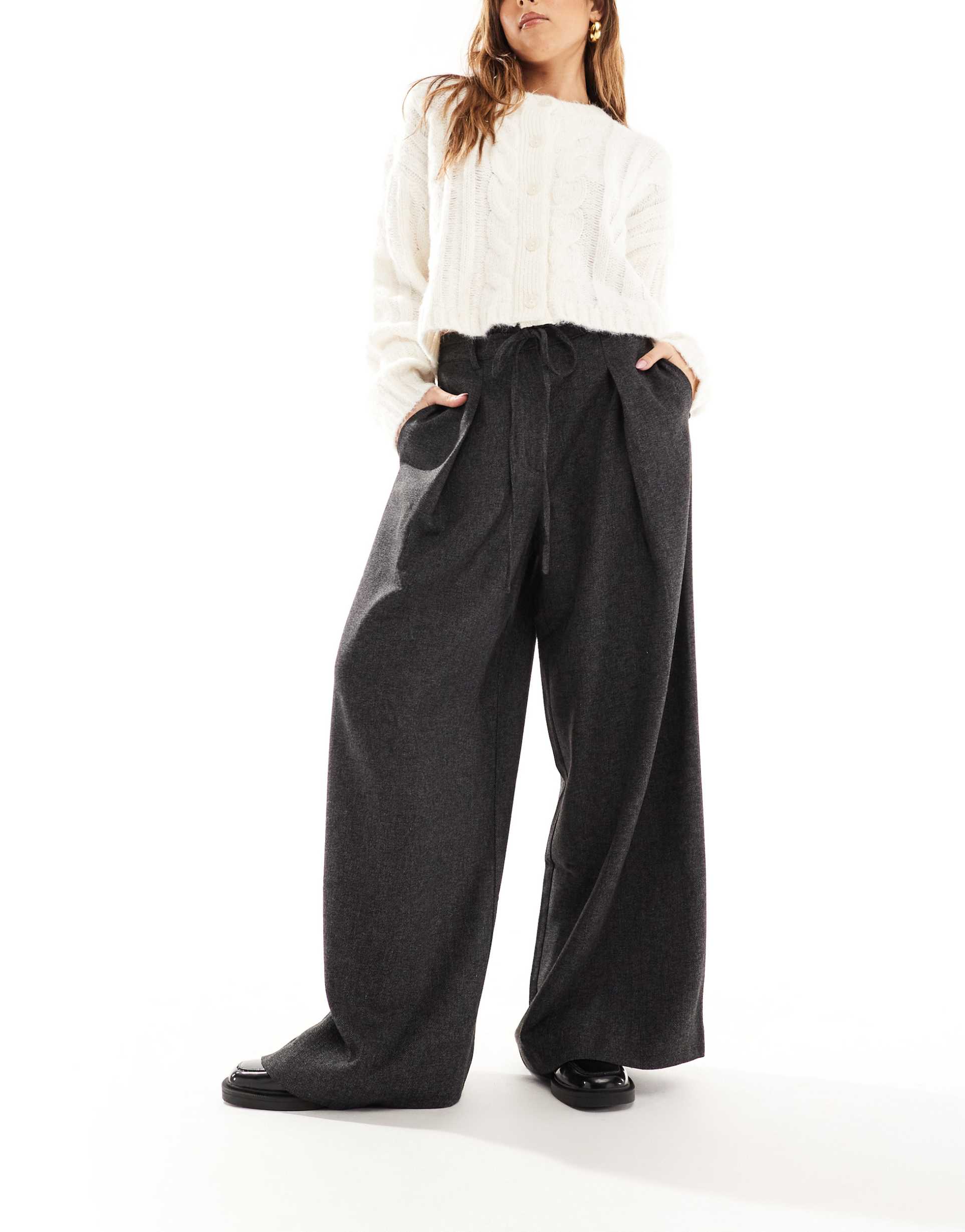 vero moda aware tie waist pleat front wide leg pants in dark gray