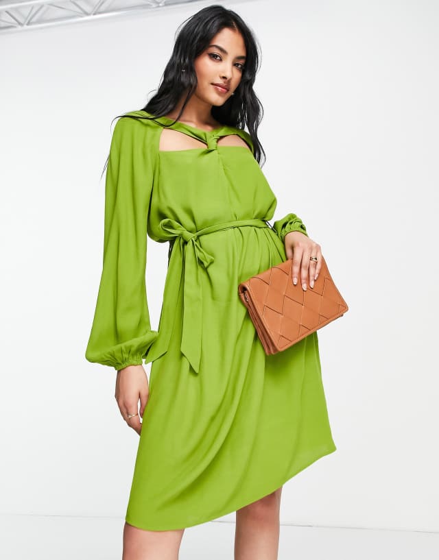 Vero Moda Aware twist front mini dress with tie waist in green