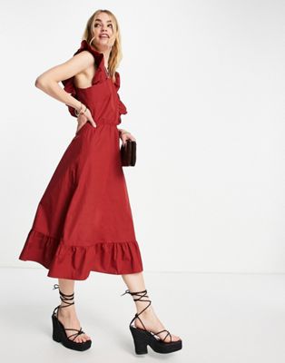 Vero Moda Aware cross front midi dress with frill detail in red - ASOS Price Checker