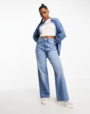 Aware wide leg denim pants in medium blue wash - part of a set