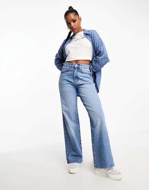 Object cotton wide leg dad jeans in mid blue wash - MBLUE