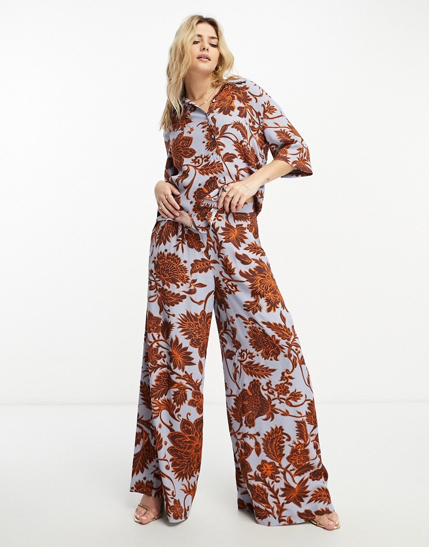 Vero Moda Aware wide leg trousers co-ord in blue and brown florals