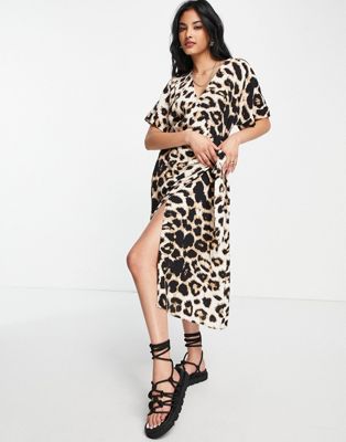 Vero Moda Aware wrap midi dress in leopard print