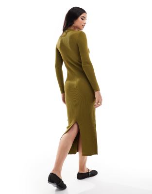 Vero Moda Aware zip front rib knit midi dress in olive green