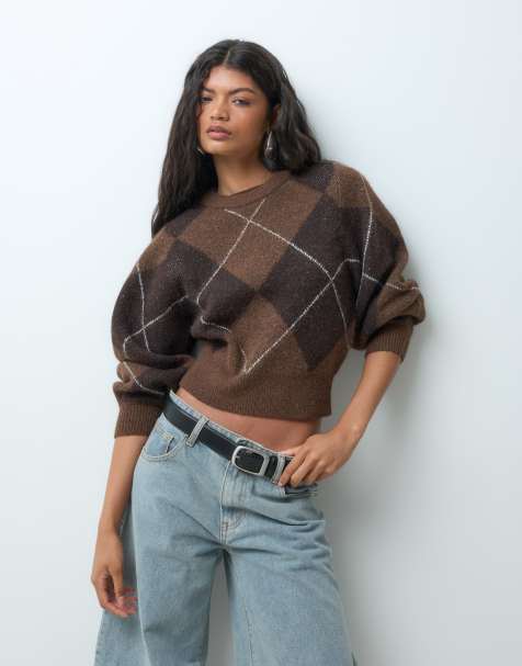 Vero Moda balloon sleeve boxy jumper in brown argyle check - view 1