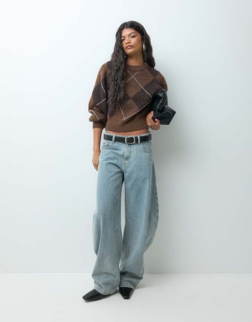 Vero Moda balloon sleeve boxy jumper in brown argyle check, 2 of 5