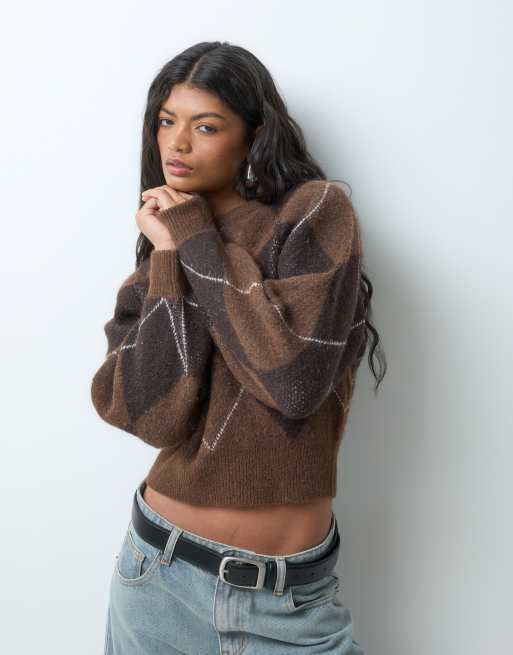 Vero Moda balloon sleeve boxy jumper in brown argyle check, 3 of 5