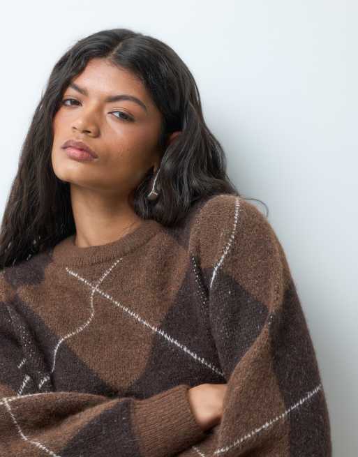 Vero Moda balloon sleeve boxy jumper in brown argyle check, 4 of 5