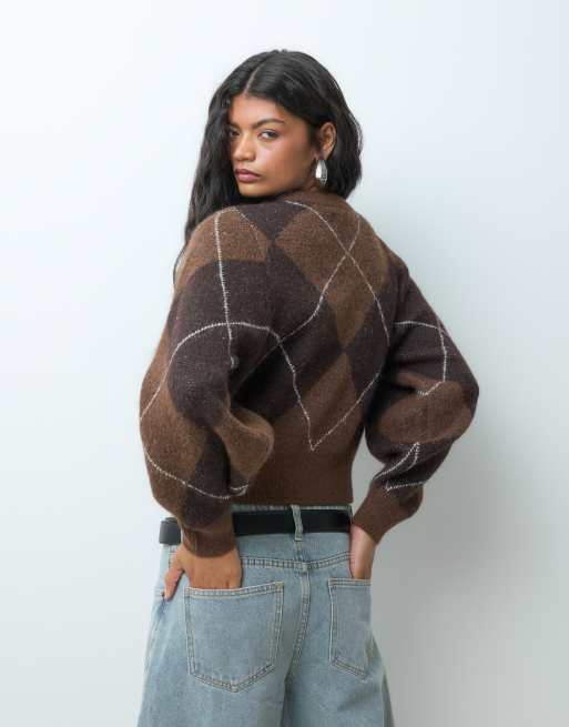 Vero Moda balloon sleeve boxy jumper in brown argyle check, 5 of 5