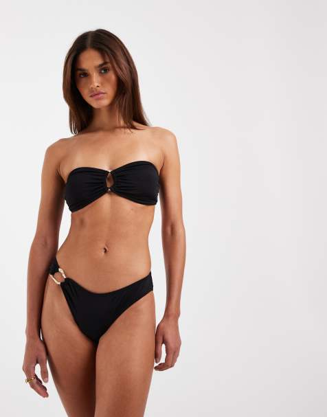 Vero Moda bandeau bikini top and brazilian bikini briefs set with molten gold hardware in black - view 1