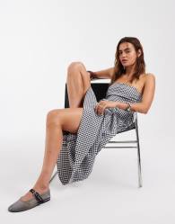 Vero Moda bandeau full skirted midi dress in black and white gingham print