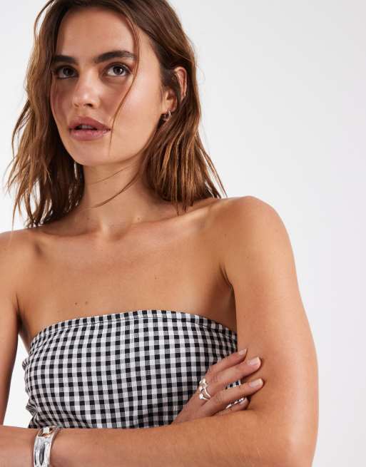 Vero Moda bandeau full skirted midi dress in black and white gingham print, 2 of 4