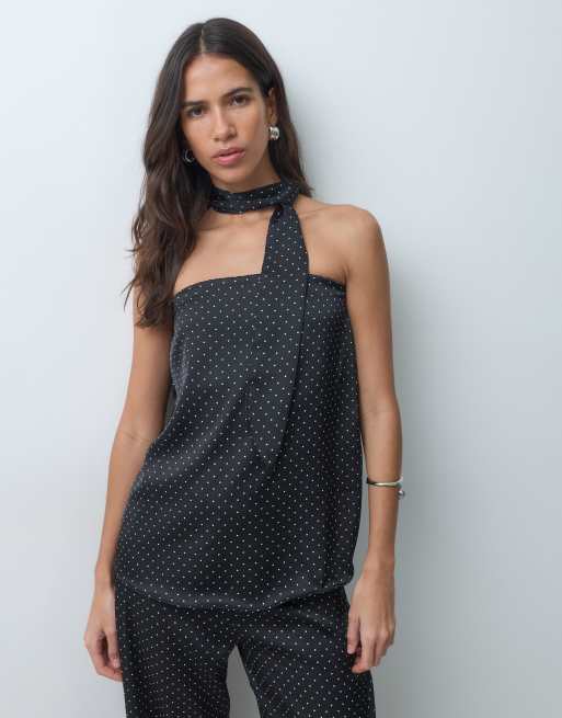 Vero Moda bandeau-top med tørklædedetalje i sort med hvide prikker, 2 af 4