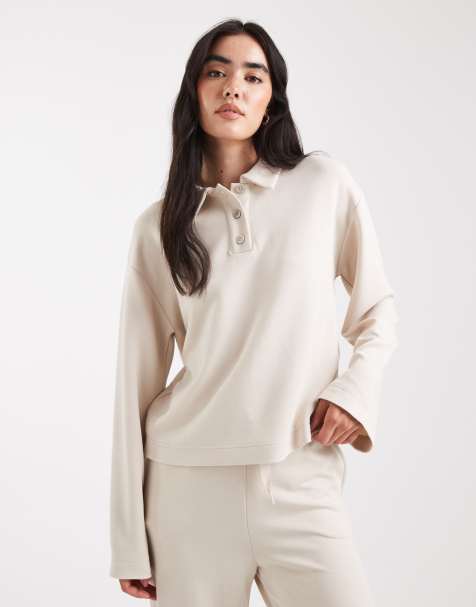 Vero Moda – Bardzo miękki dresowy top z kołnierzykiem polo w kremowym kolorze, część zestawu - view 1