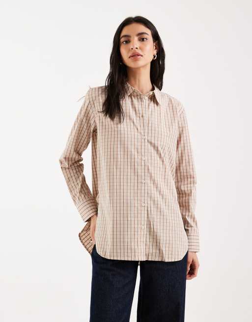 Vero Moda – Bawełniana koszula oxford oversize w drobną kratkę w neutralnym kolorze