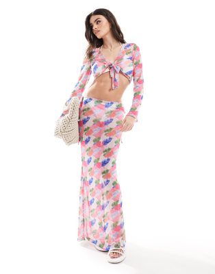 beach mesh maxi skirt set in blurred watercolor print-Multi