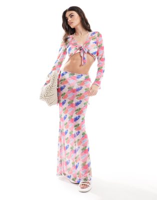 Vero Moda Beach Mesh Maxi Skirt Set In Blurred Watercolor Print-multi