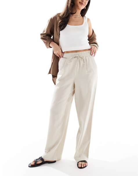 Vero Moda - Beige bukser med bindebånd i taljen i hørblanding - view 1