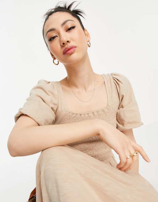 Vero Moda – Beige lång maxi-smockklänning i bomull med puffärmar - BEIGE, 3 av 4