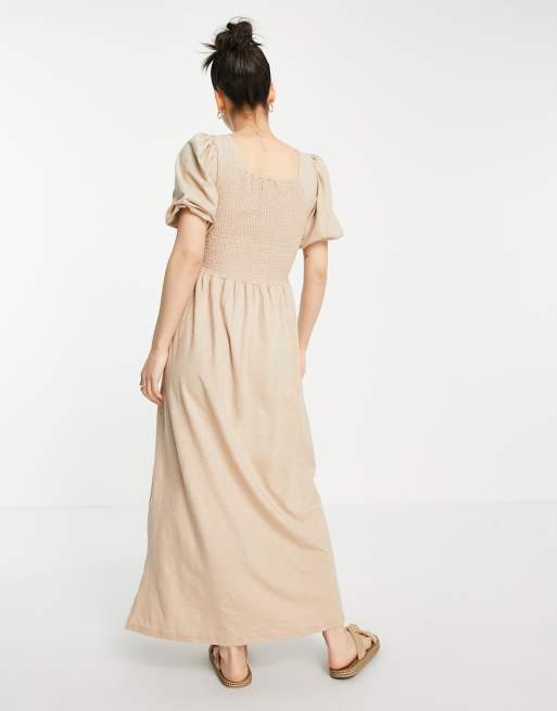 Vero Moda - Beige maxikjole med smocksyninger og pufærmer i bomuld - BEIGE, 2 af 4