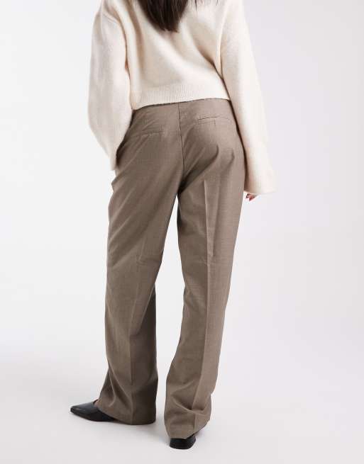 Vero Moda – Beige, melerade, figursydda byxor med vida ben, veck framtill och justerbar knappmidja, 2 av 5